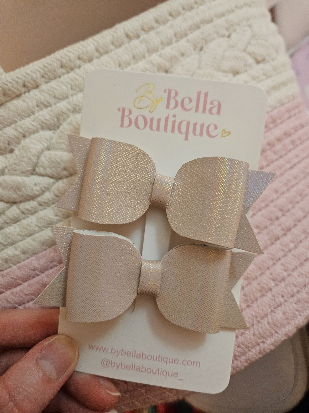 By Bella Boutique Iridescent Pink Bow Clip Set